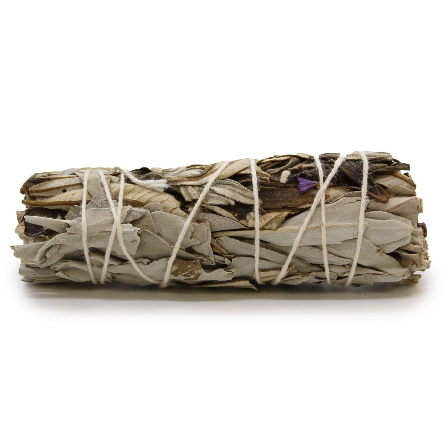 Hand-tied 10cm smudge stick featuring dried white sage leaves and dark green yerba santa herbs.