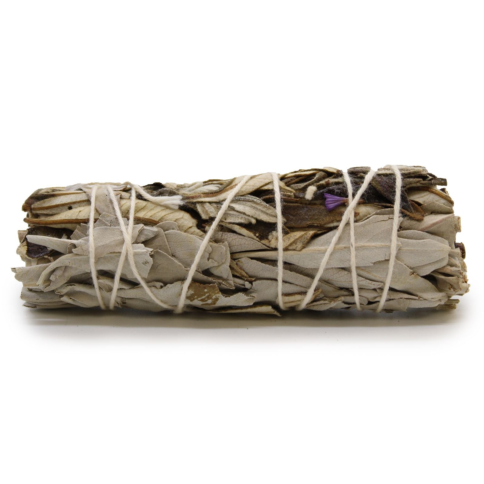 Hand-tied 10cm smudge stick featuring dried white sage leaves and dark green yerba santa herbs.