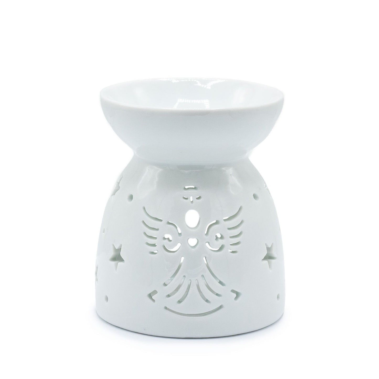 Elegant white ceramic oil burner featuring a delicate angel cut-out design and a gloss finish.