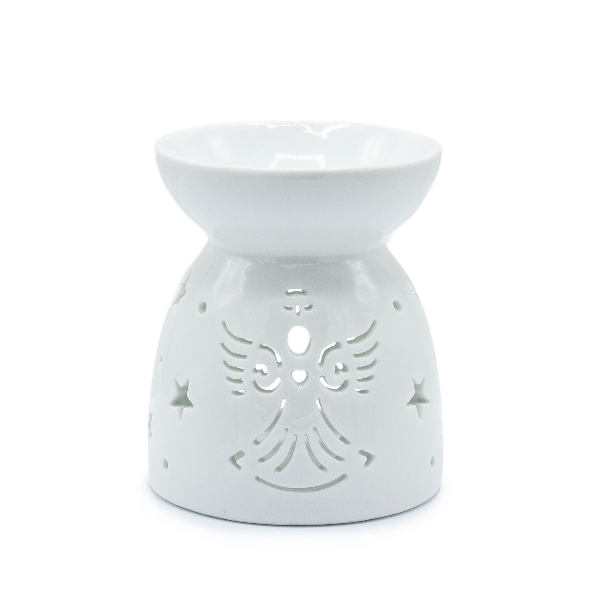Elegant white ceramic oil burner featuring a delicate angel cut-out design and a gloss finish.