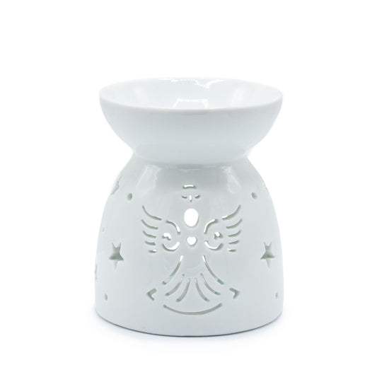 Elegant white ceramic oil burner featuring a delicate angel cut-out design and a gloss finish.