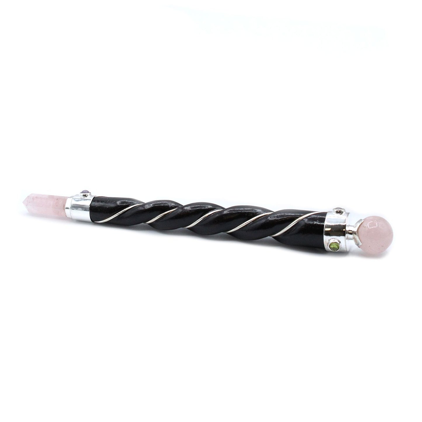 Handcrafted twisted wooden healing wand with a silver-plated finish, featuring a polished rose quartz sphere and point.