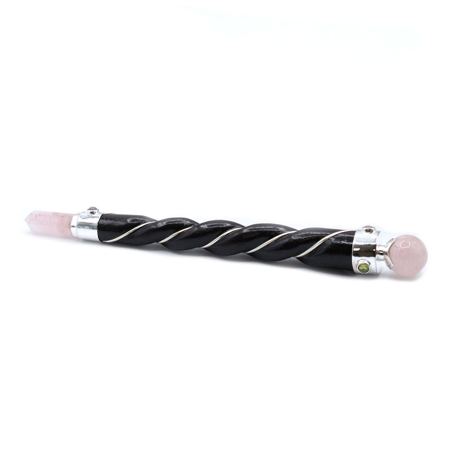 Handcrafted twisted wooden healing wand with a silver-plated finish, featuring a polished rose quartz sphere and point.