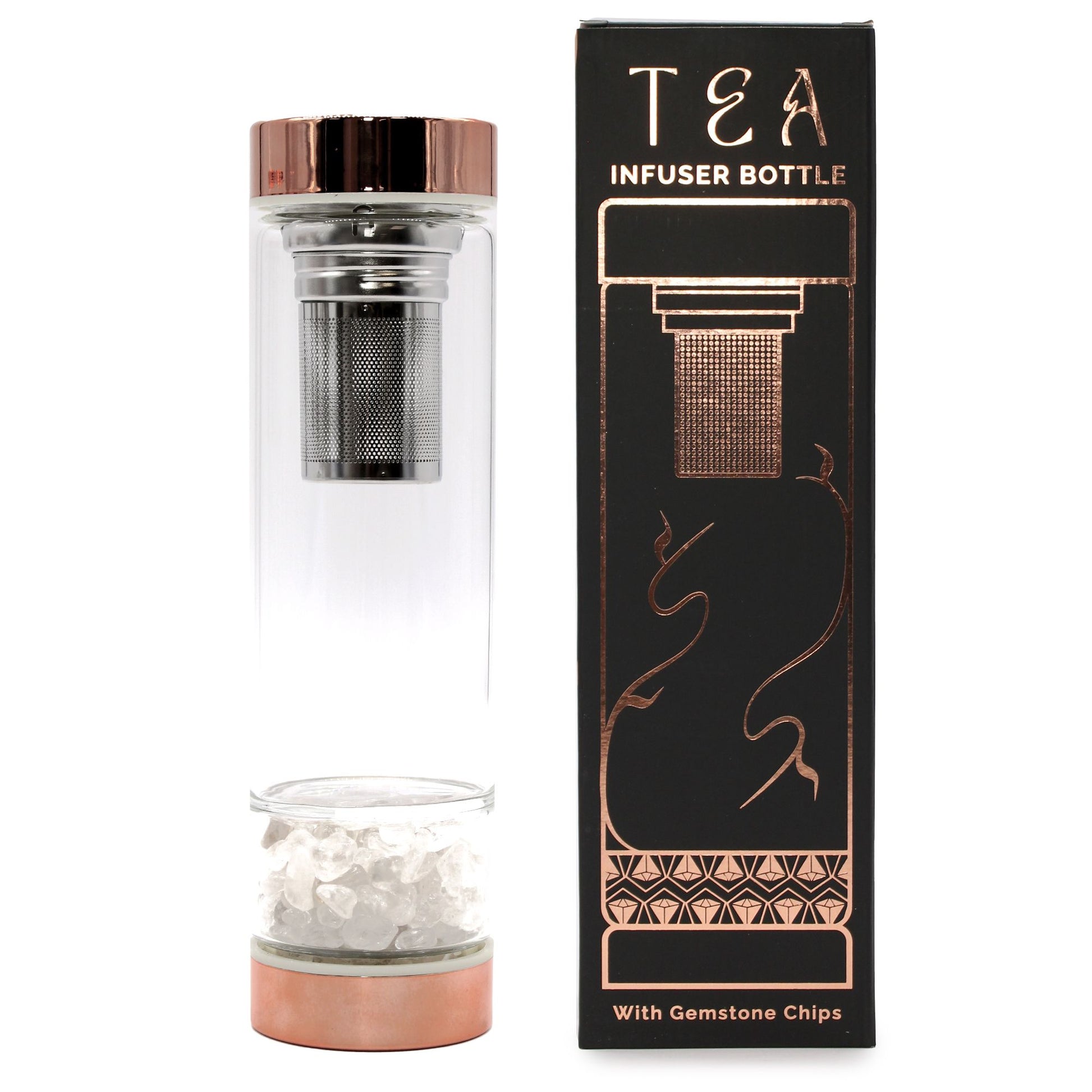 Elegant glass tea infuser bottle with rose gold caps and a natural rock quartz crystal base.