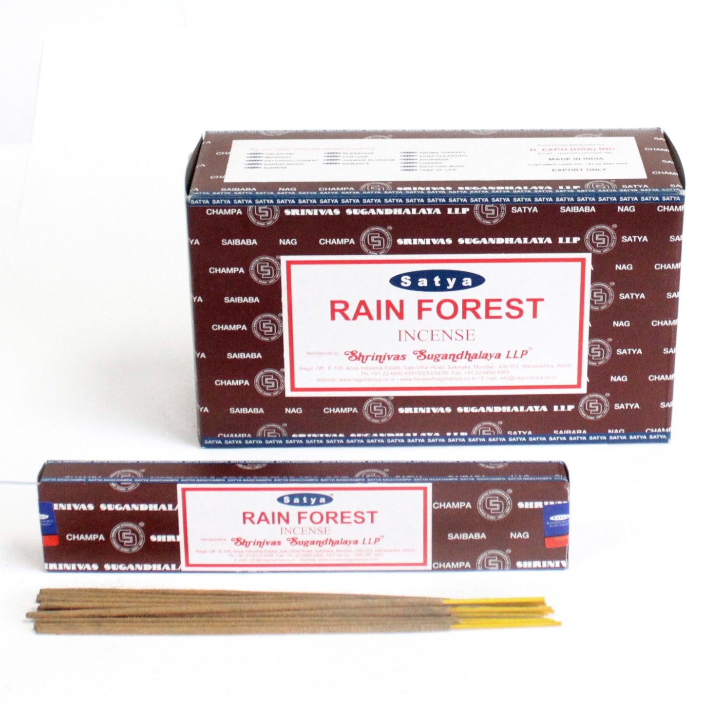 A pack of hand-rolled incense sticks with a lush green forest design on the box.