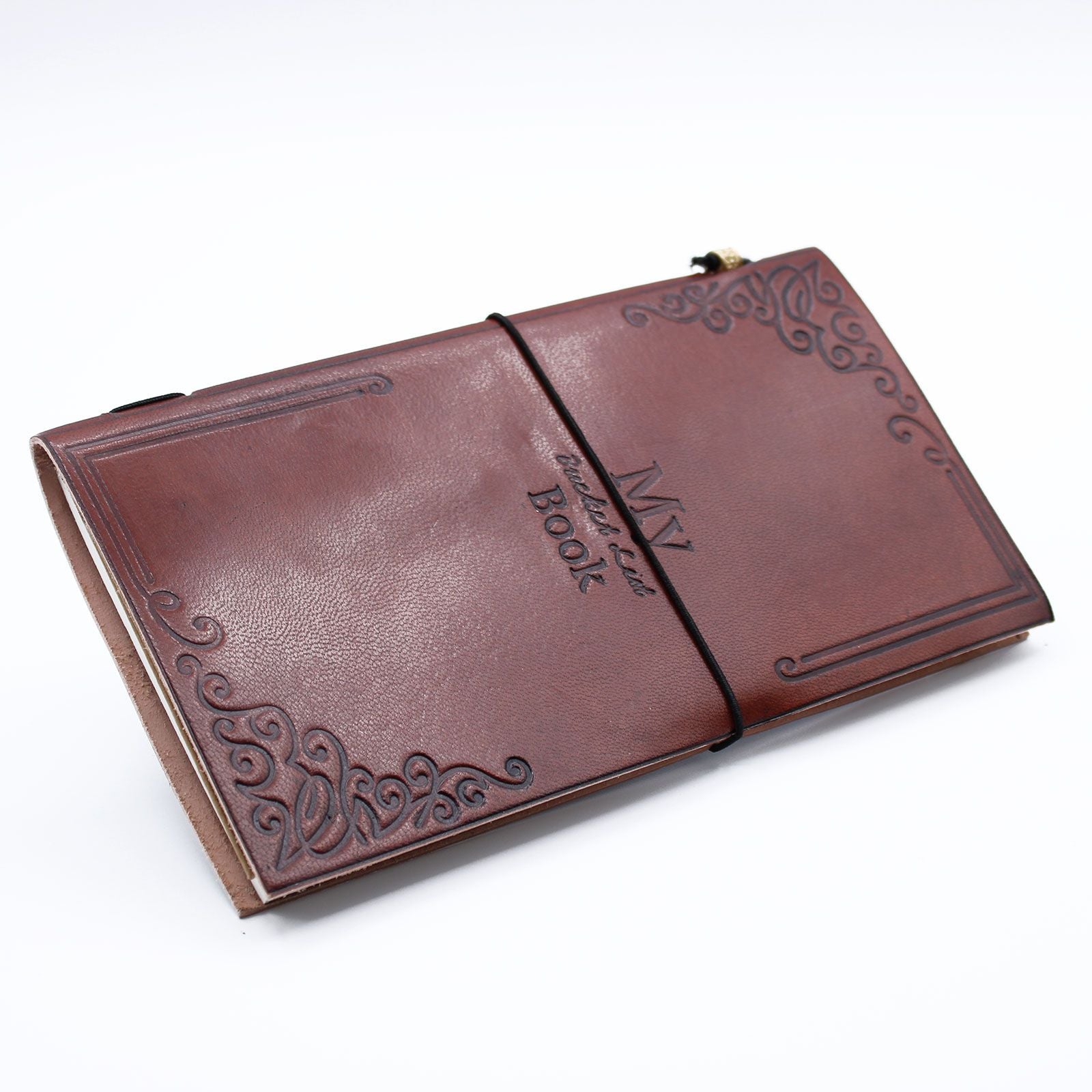 Slim brown leather journal with 'My Bucket List' embossed on the cover and a stylish wrap-around leather tie closure.