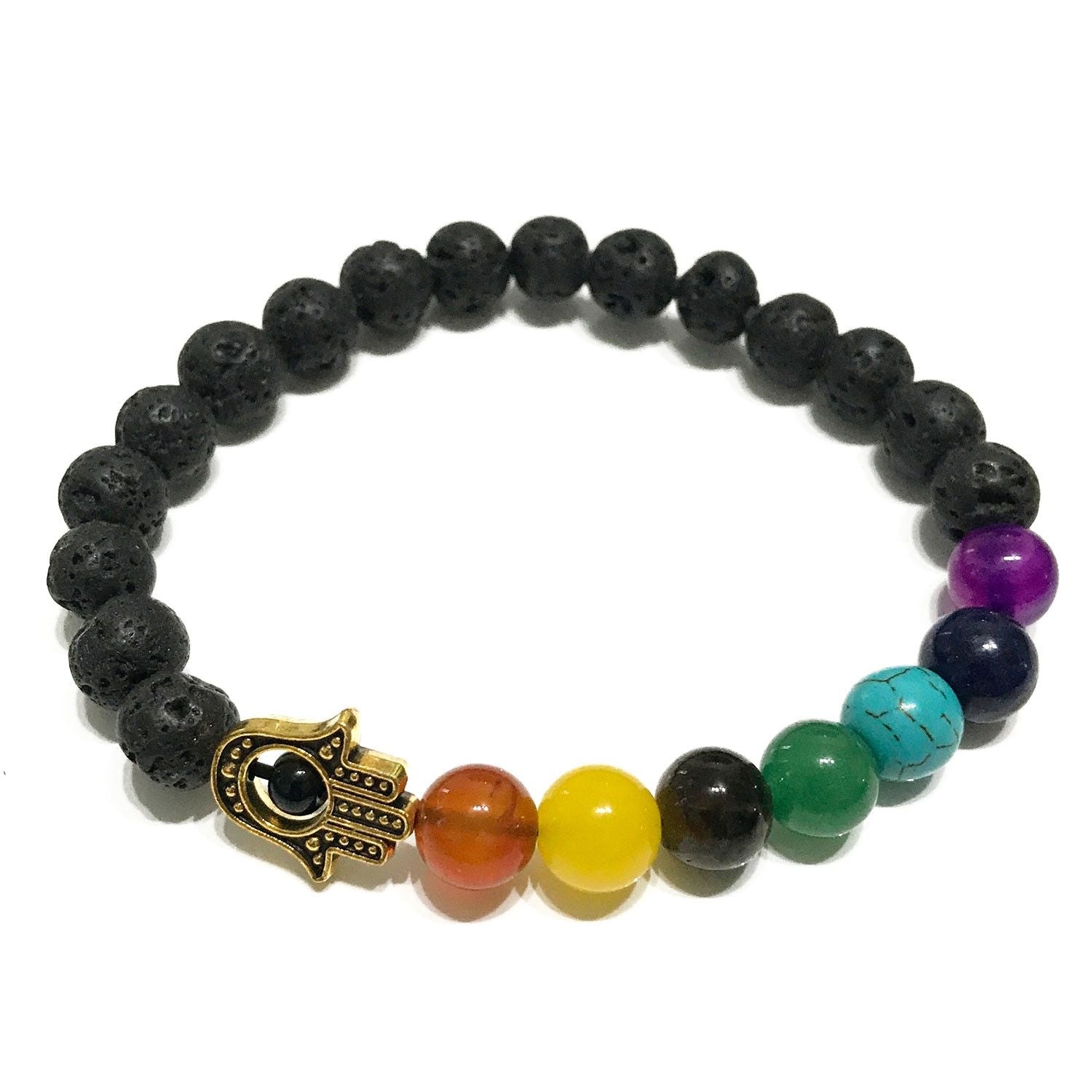 Handcrafted lava stone bracelet featuring a silver Hamsa charm and seven colourful chakra gemstone beads.