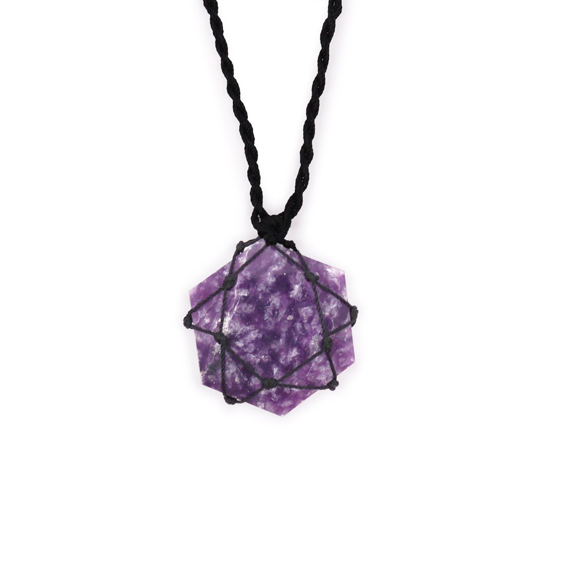 Lavender-hued Lepidolite gemstone hexagon pendant with intricate silver-toned lacing and a delicate metal loop.