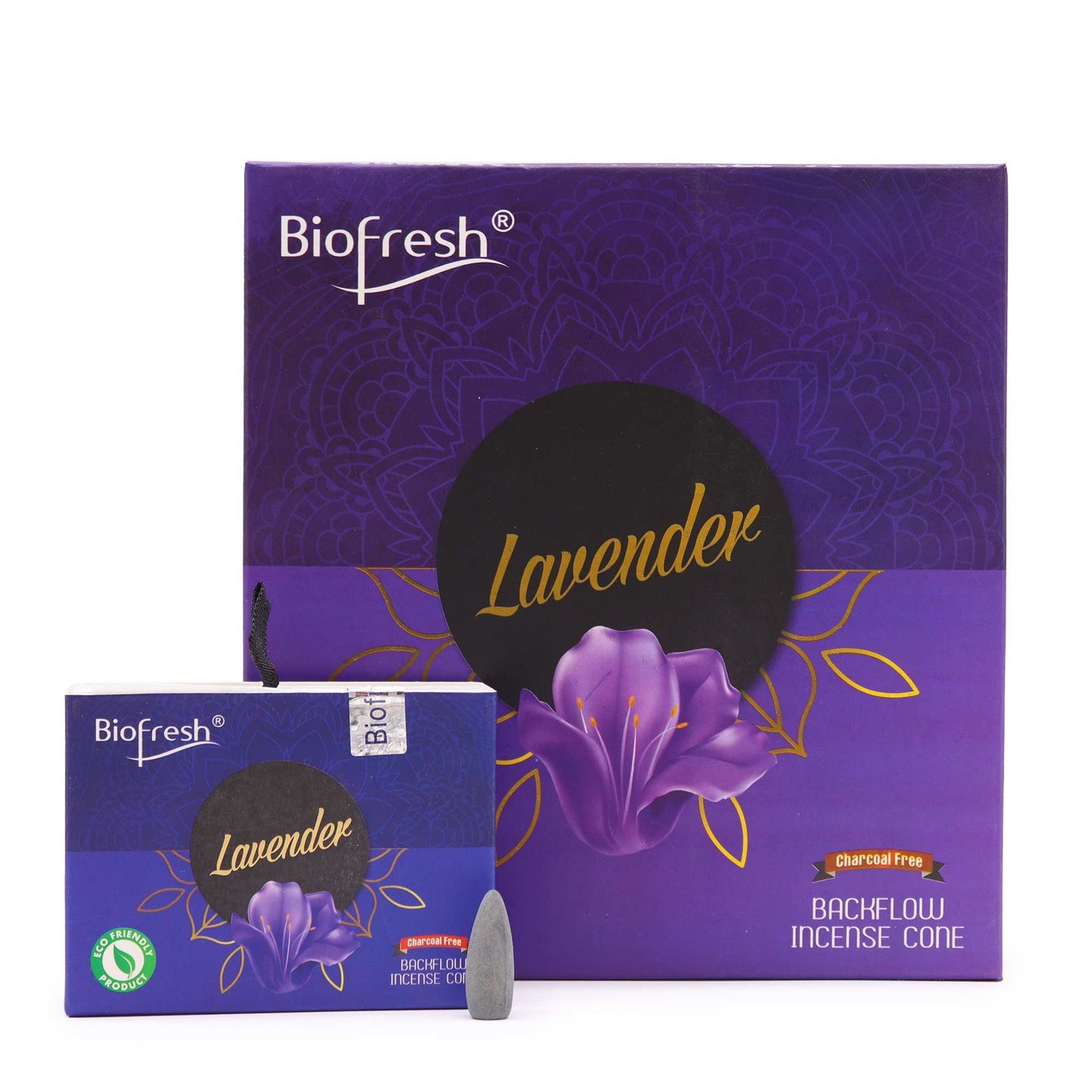Purple lavender backflow incense cones designed to create a flowing smoke waterfall effect.