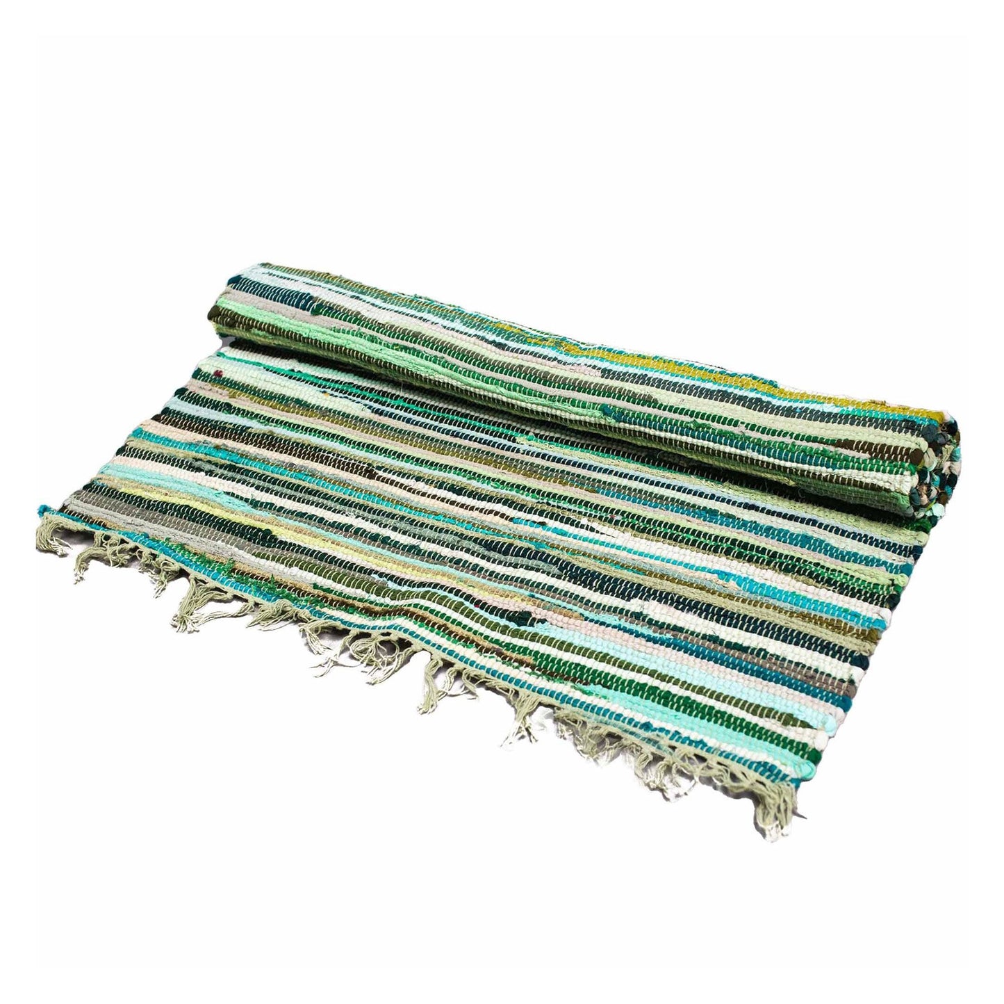 Large rectangular hand-woven rag rug featuring a blend of natural green tones and textures.