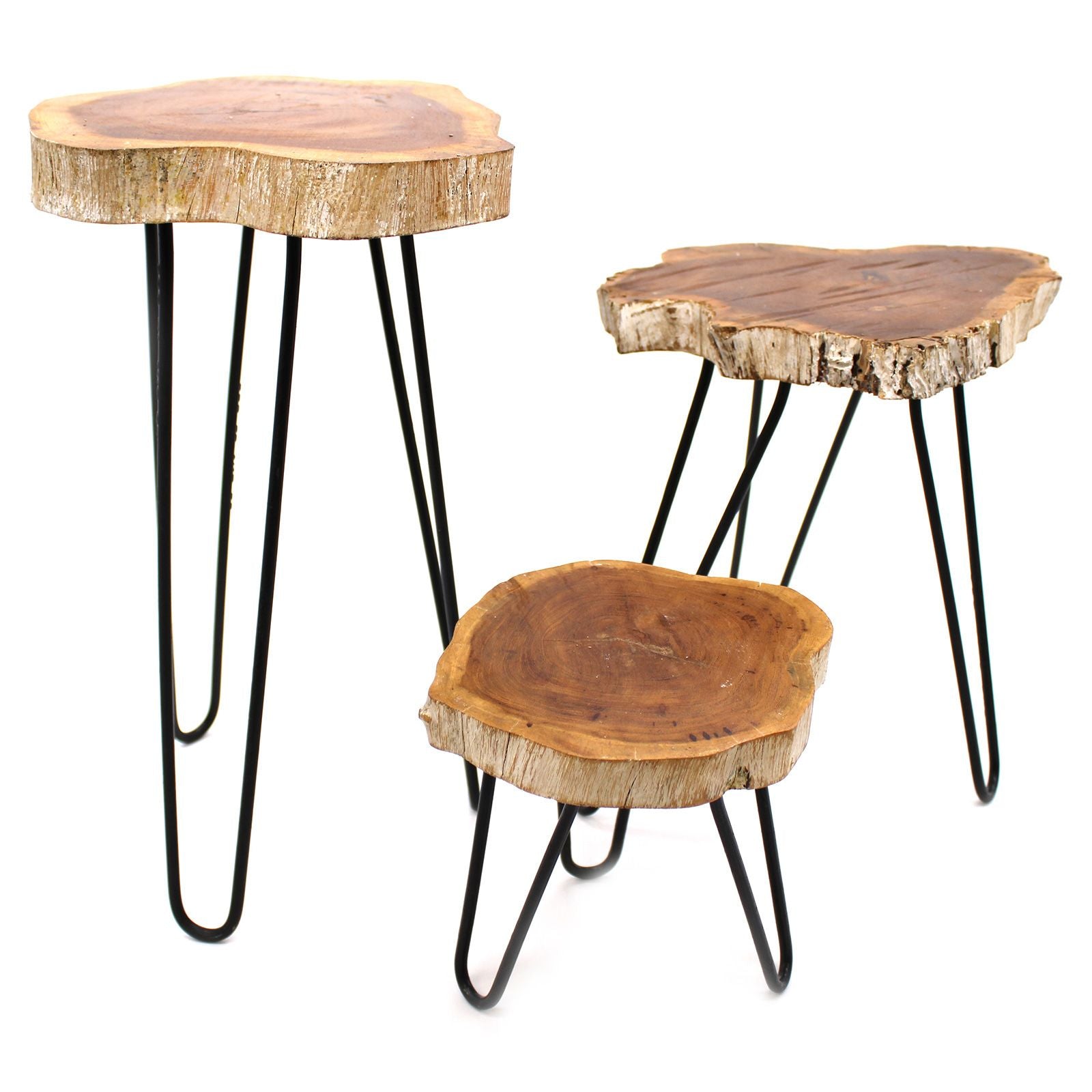 Three tiered whitewashed solid wood plant stands with black metal hairpin legs in varying heights.