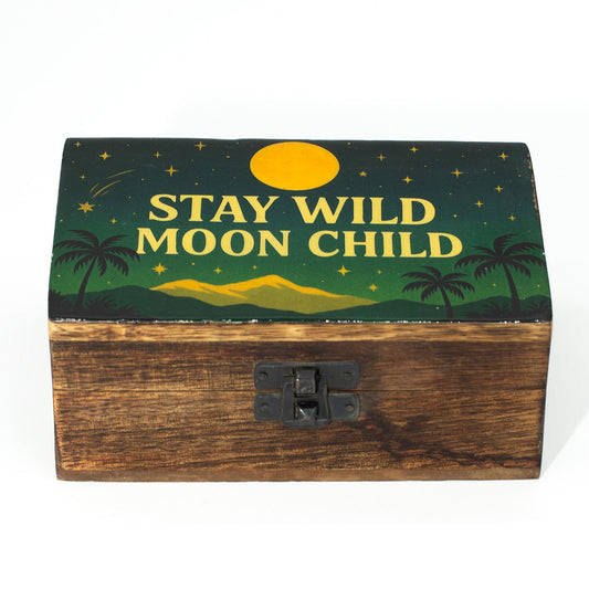 Medium mango wood box with an enamelled lid depicting a crescent moon, mountains, and palm tree silhouettes.