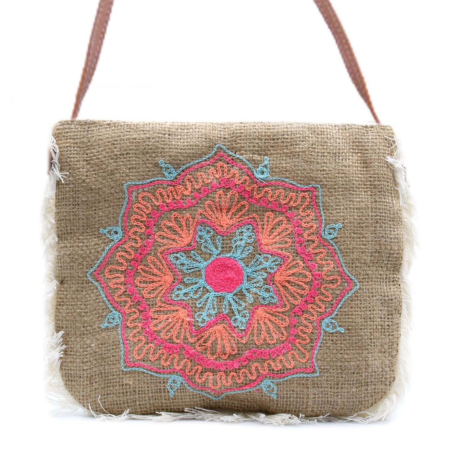 Soft washed jute handbag featuring a detailed Mandela embroidery design and a stylish cotton fringe trim.