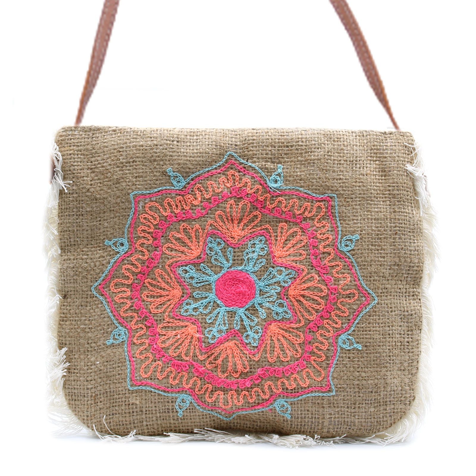 Soft washed jute handbag featuring a detailed Mandela embroidery design and a stylish cotton fringe trim.