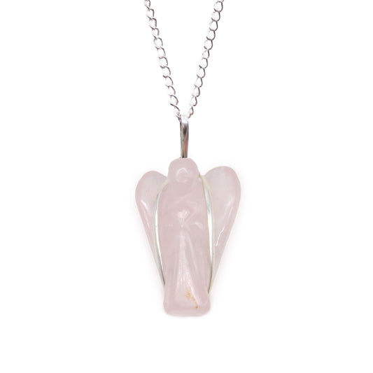 Hand-carved pink rose quartz gemstone pendant in the shape of a guardian angel with a silver-tone bale.