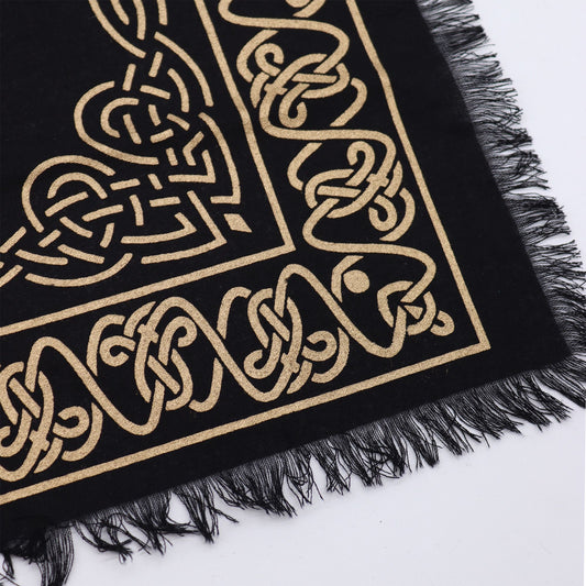Square black cotton altar cloth featuring a white and gold pentagon design with decorative fringed edges.