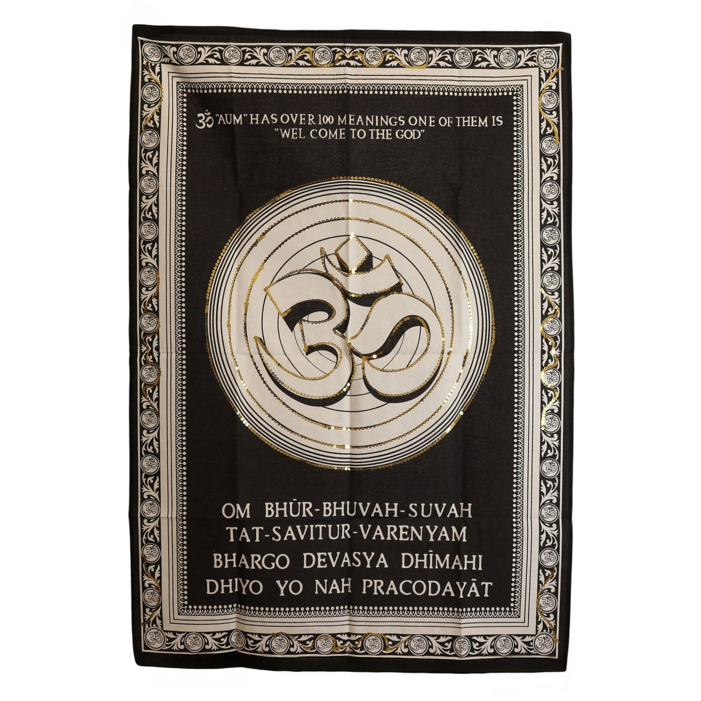 Large cotton wall hanging featuring a gold and white Om symbol on a black background with decorative borders.