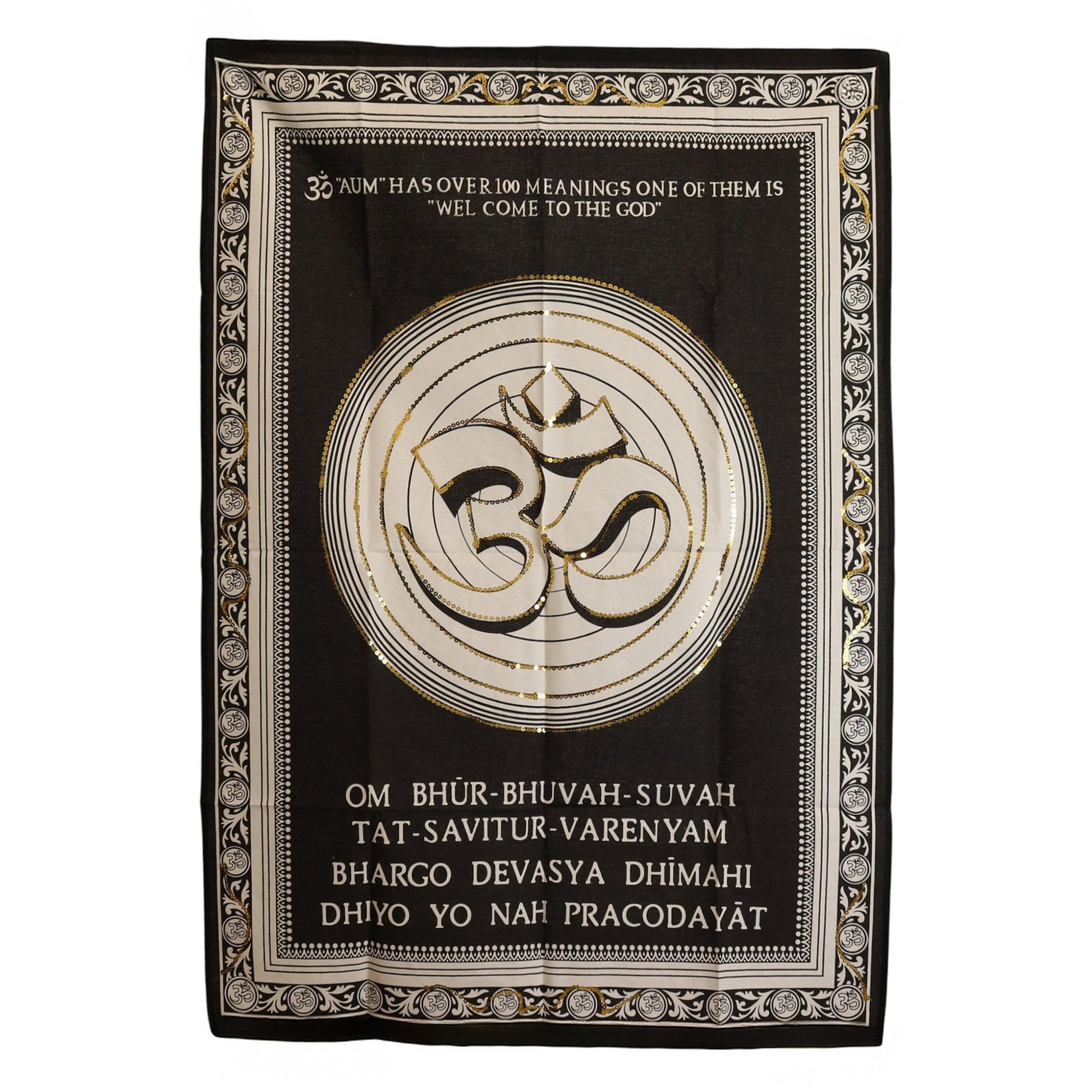 Large cotton wall hanging featuring a gold and white Om symbol on a black background with decorative borders.