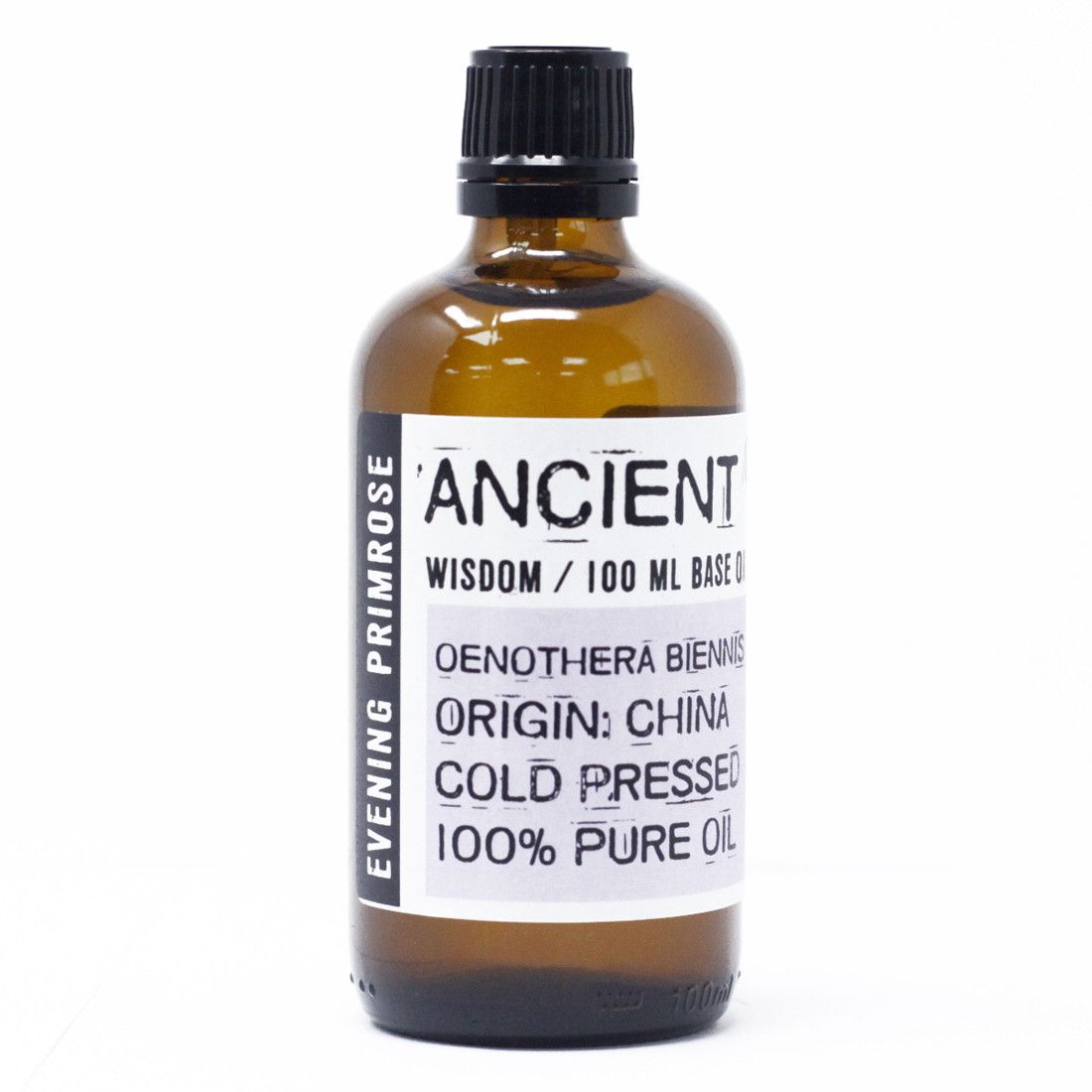 Clear glass bottle containing pure amber-coloured evening primrose oil, suitable for aromatherapy and skin care.