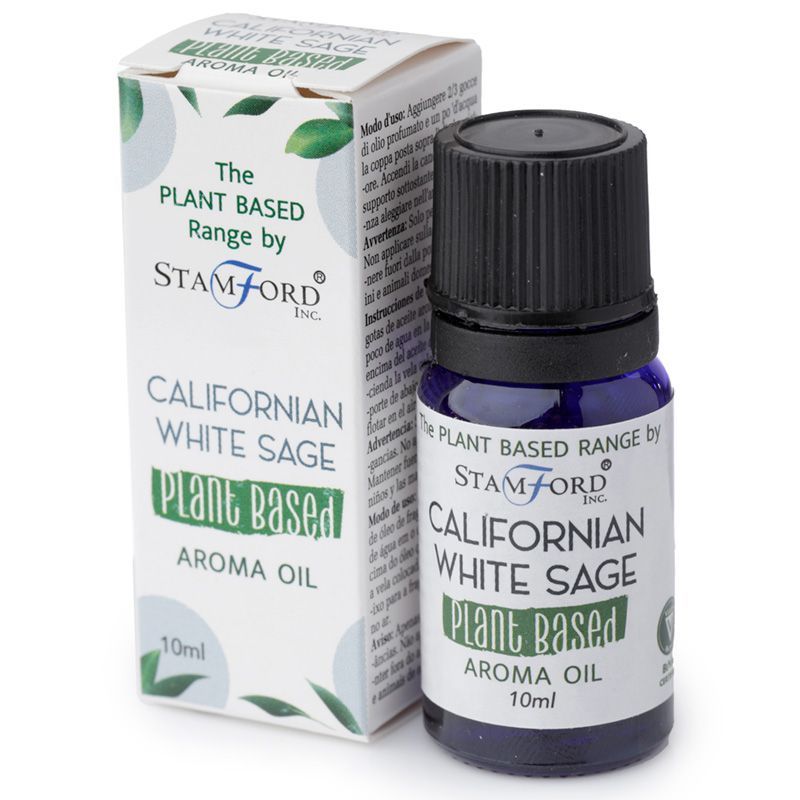 Clear glass bottle of Californian White Sage aroma oil with a minimalist label on a neutral background.