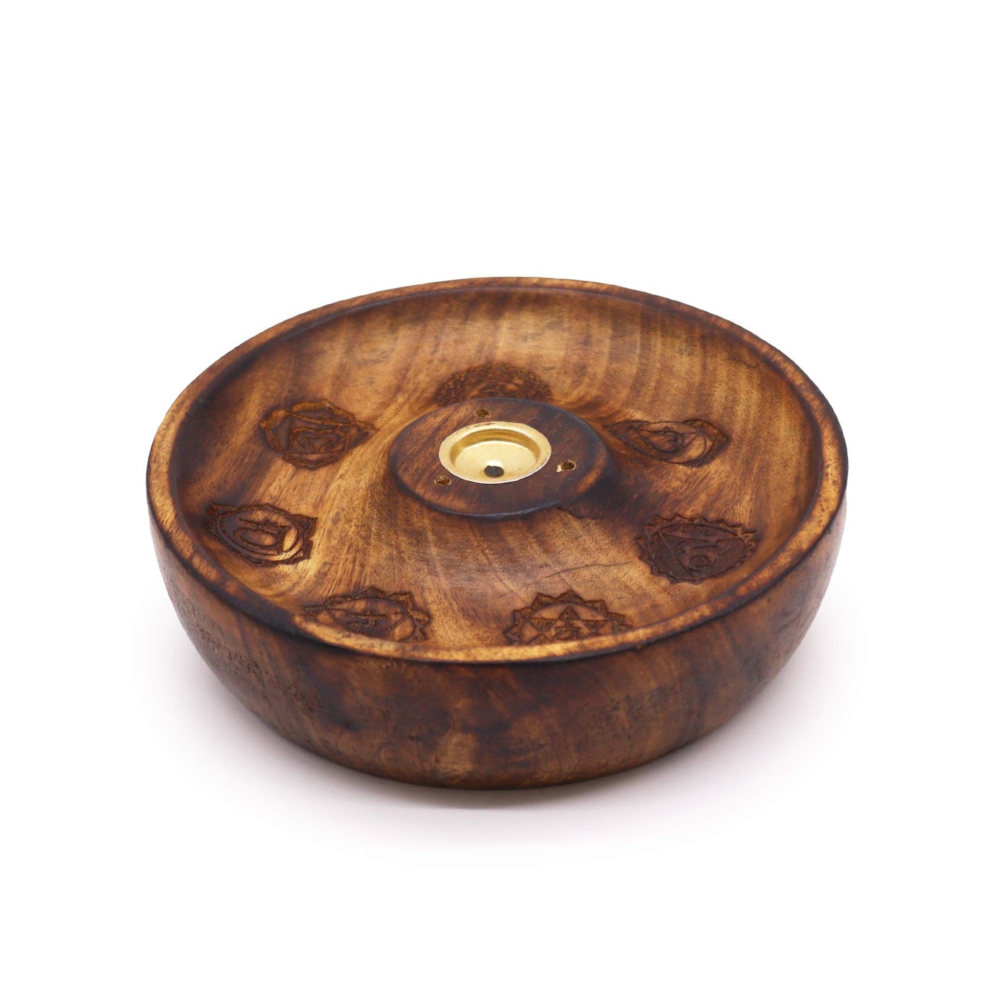 Round wooden incense burner disc featuring colourful 7 Chakra symbols and holes for incense sticks and cones.