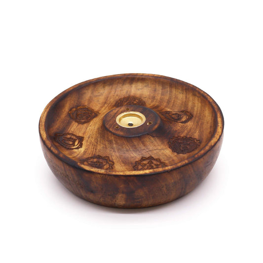 Round wooden incense burner disc featuring colourful 7 Chakra symbols and holes for incense sticks and cones.