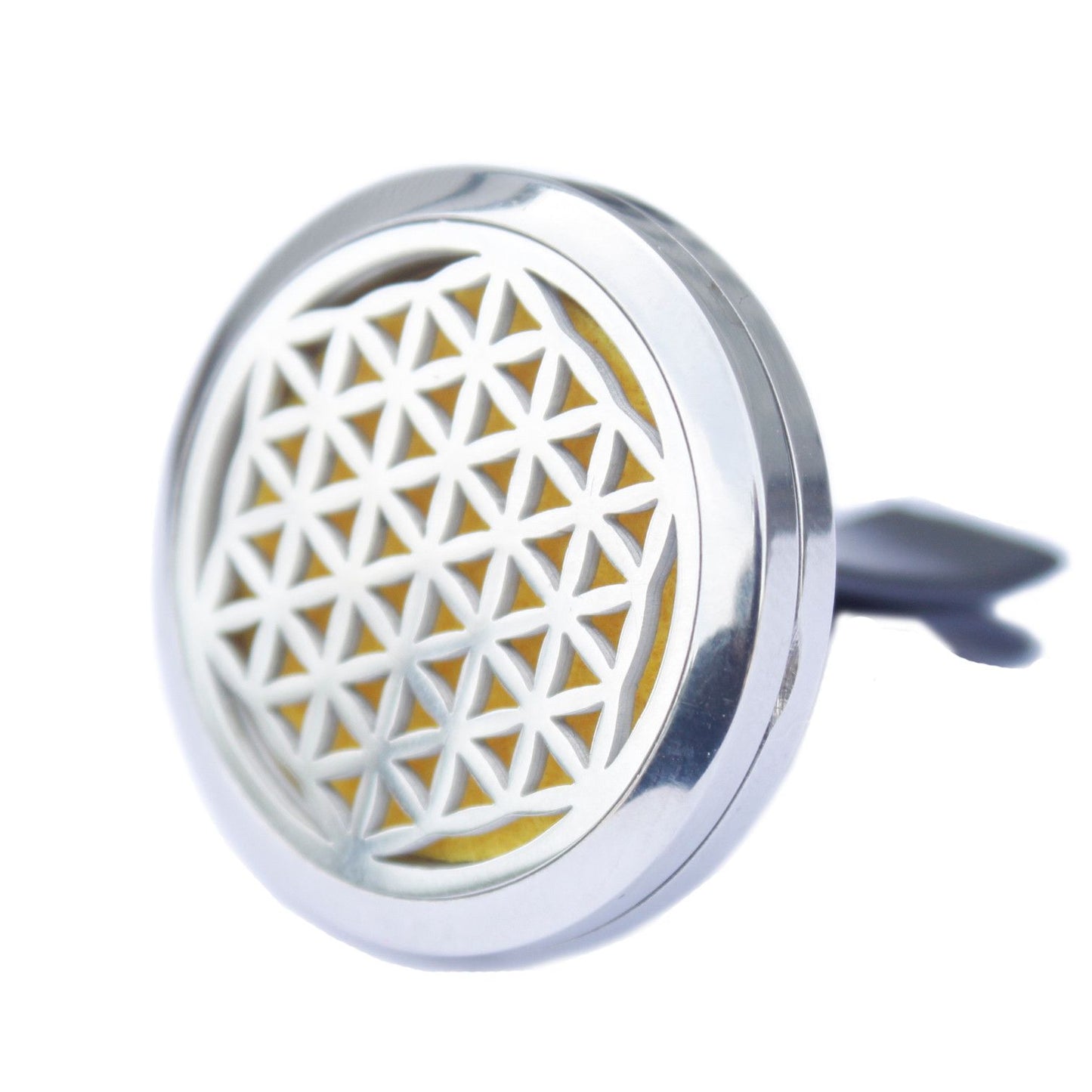 Stainless steel 30mm car vent locket with an intricate Flower of Life geometric design and a reusable felt pad.