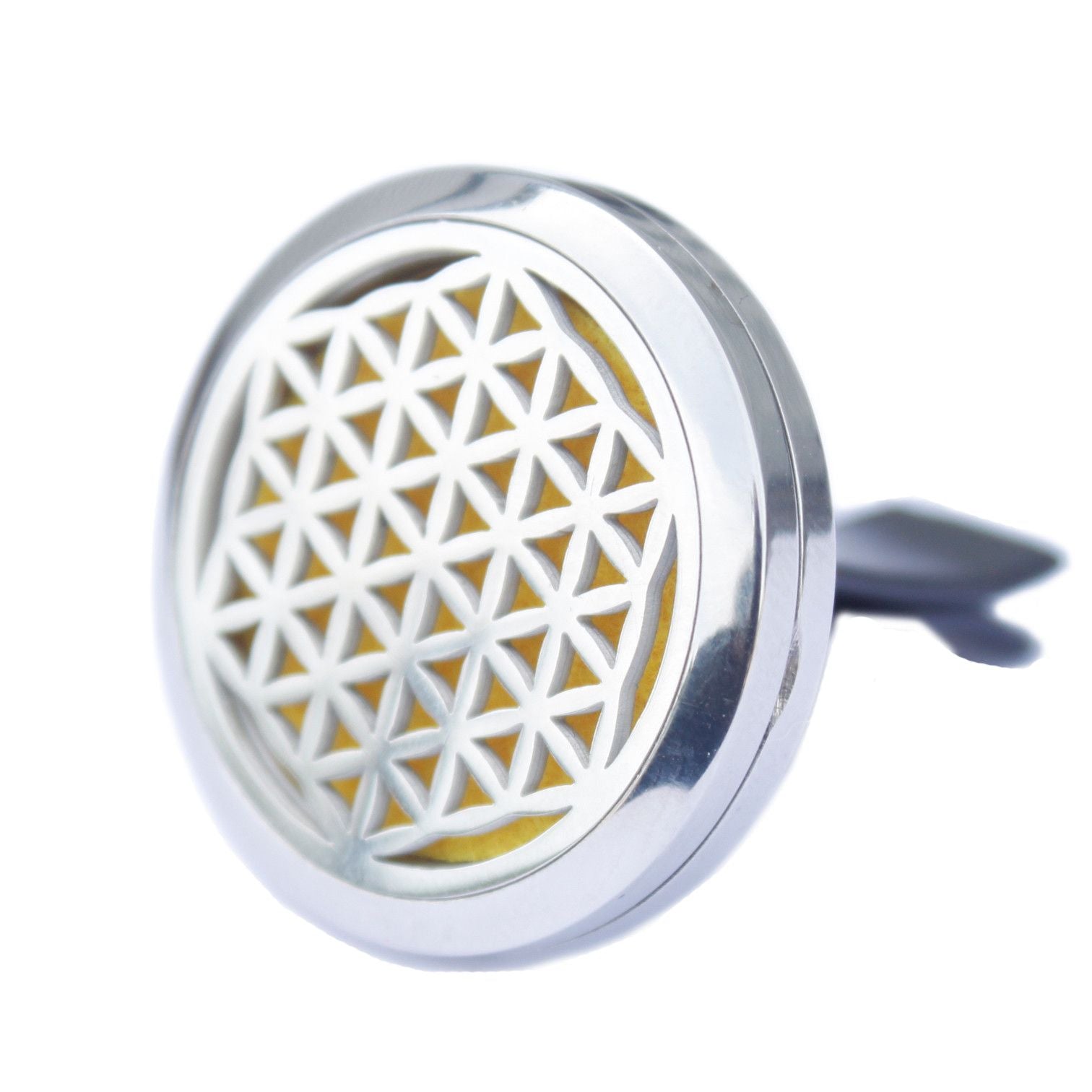 Stainless steel 30mm car vent locket with an intricate Flower of Life geometric design and a reusable felt pad.
