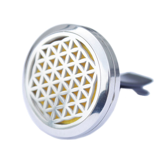 Stainless steel 30mm car vent locket with an intricate Flower of Life geometric design and a reusable felt pad.