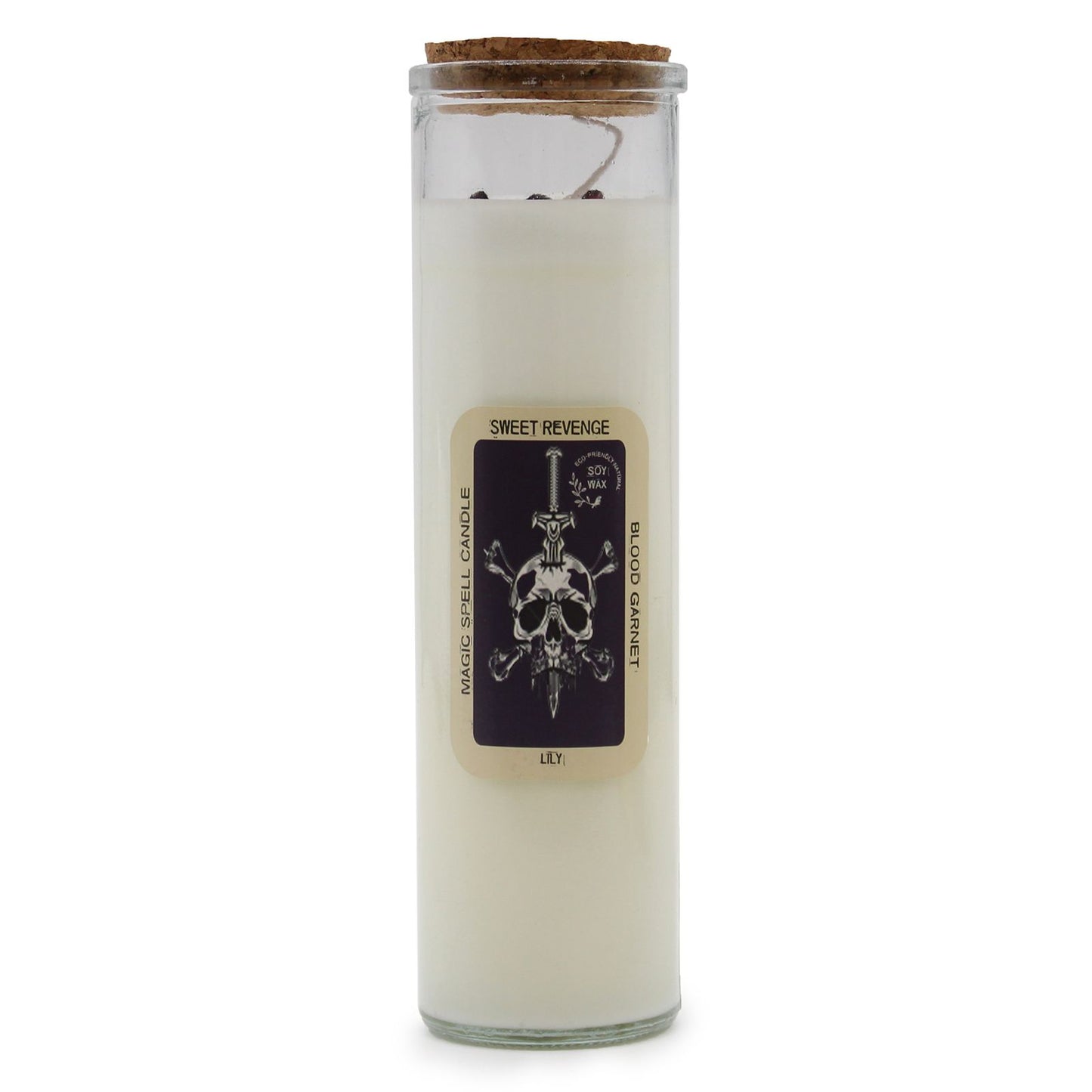 Soy wax spell candle topped with blood garnet gemstones and dried botanicals in a glass jar.