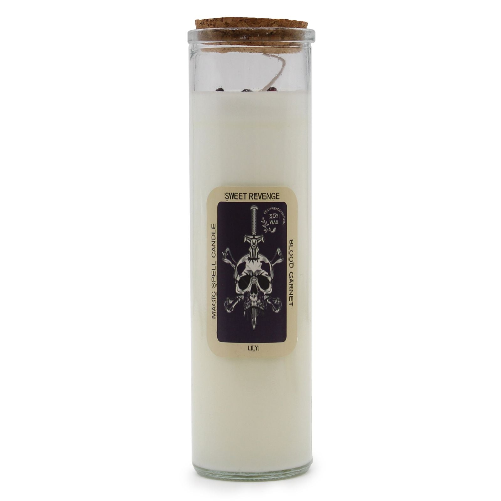 Soy wax spell candle topped with blood garnet gemstones and dried botanicals in a glass jar.