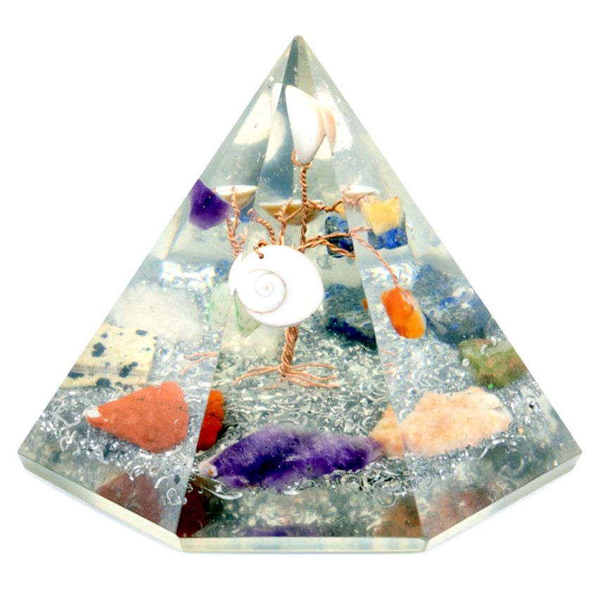 Large seven-sided orgonite pyramid containing a decorative gemstone wisdom tree with copper wire and crystal chips.