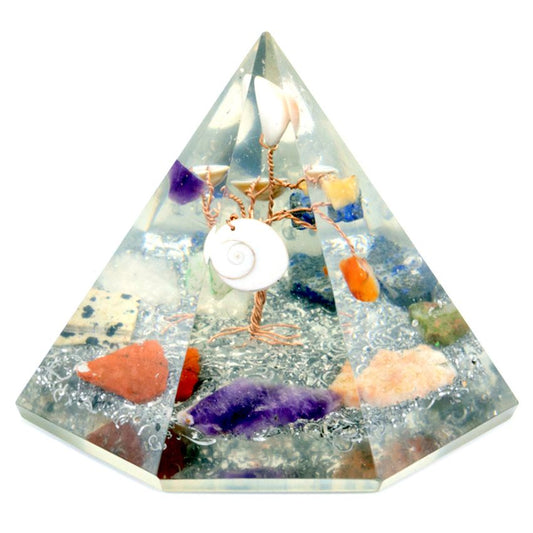 Large seven-sided orgonite pyramid containing a decorative gemstone wisdom tree with copper wire and crystal chips.