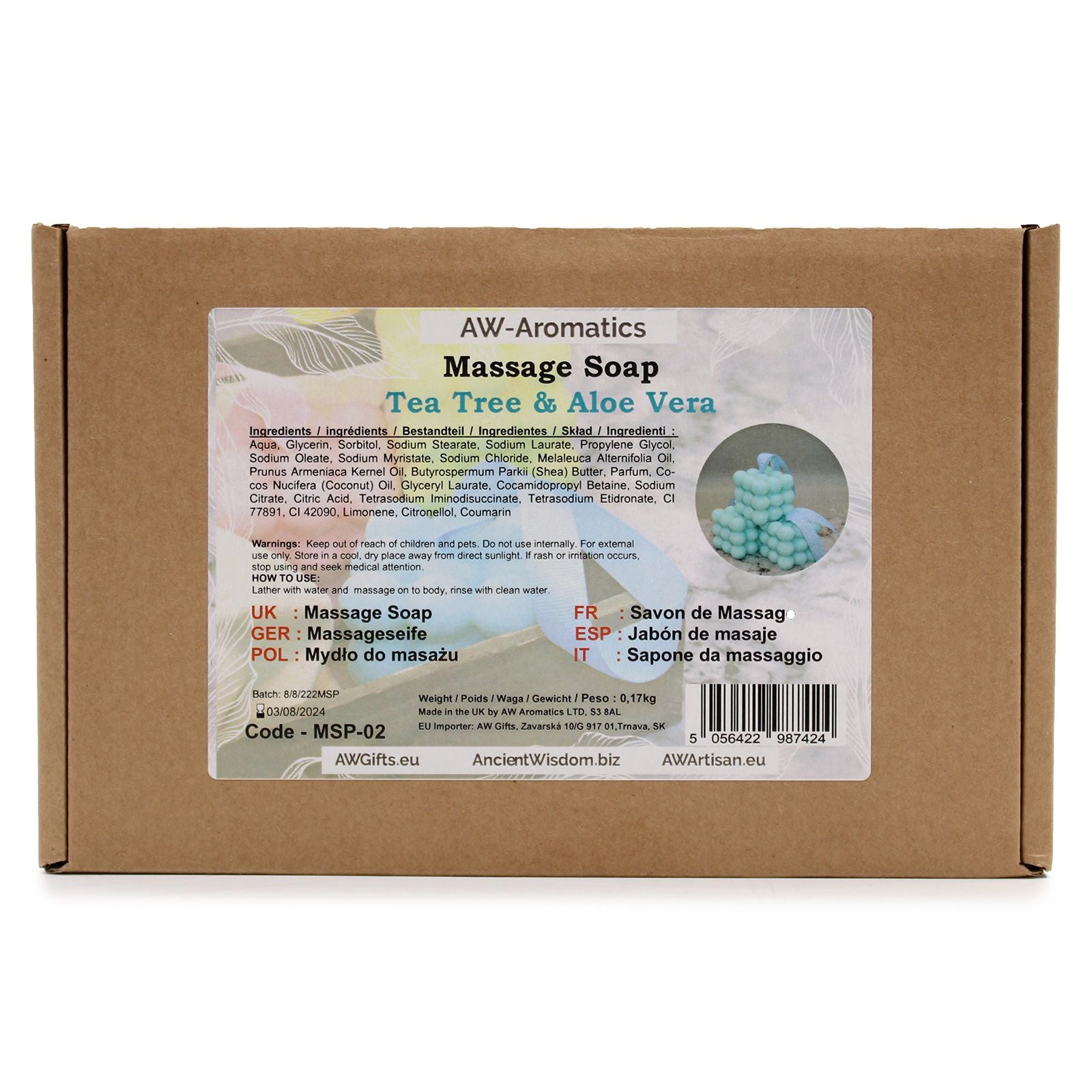 Cylindrical green massage soap bar with raised nodules for muscle stimulation and skin exfoliation.