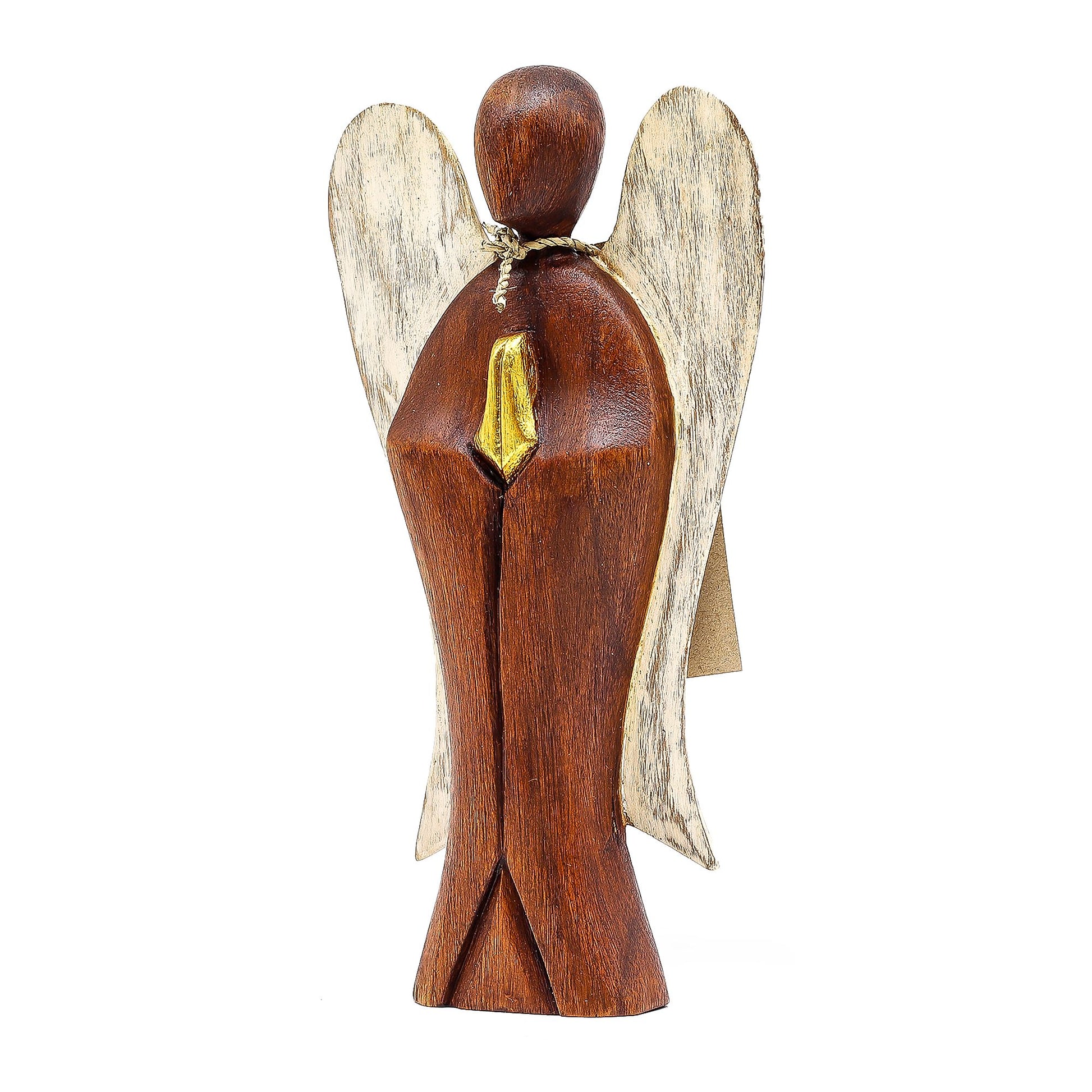 Hand-carved wooden angel figurine holding a heart, standing twenty centimetres tall with a natural finish.