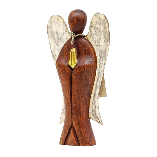 Hand-carved wooden angel figurine holding a heart, standing twenty centimetres tall with a natural finish.