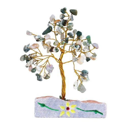 Handcrafted gemstone tree featuring green and white tree agate stones mounted on a natural gemstone rock base.