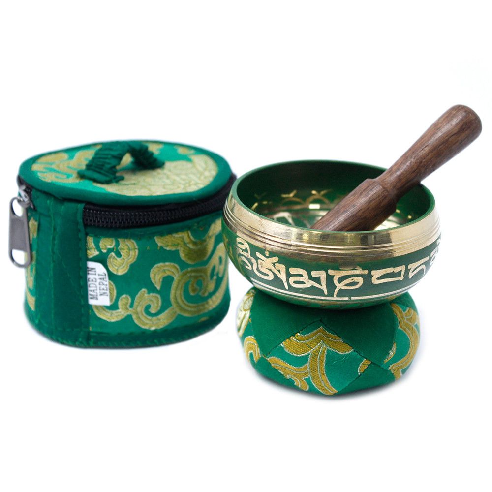 Small green hand-painted singing bowl with a wooden striker and a decorative fabric pouch.