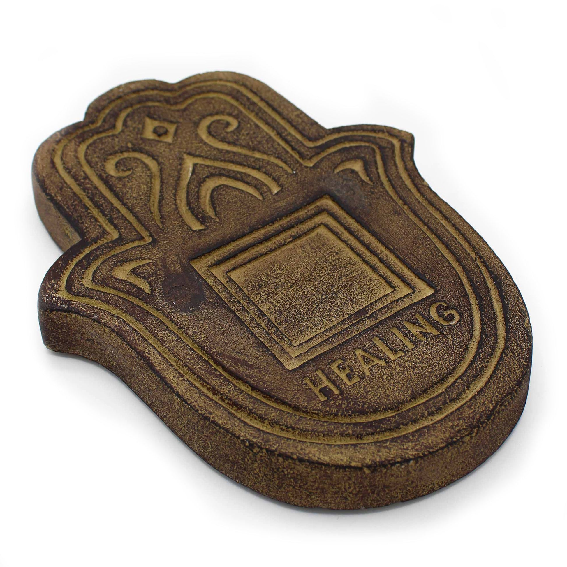 Round incense plate with a weathered antique stone finish and a central hole for incense sticks.
