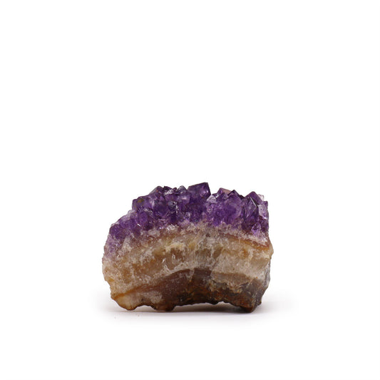 Small sparkling purple natural amethyst crystal cluster with raw points and a rocky base.