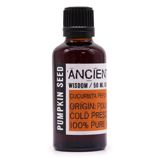 A 50ml amber glass bottle of clear pumpkin seed oil with a black dropper cap on a neutral background.