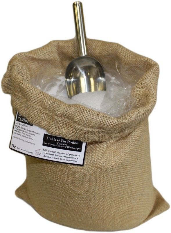 Large rustic hessian sack filled with aromatherapy bath salts for soothing colds and flu symptoms.