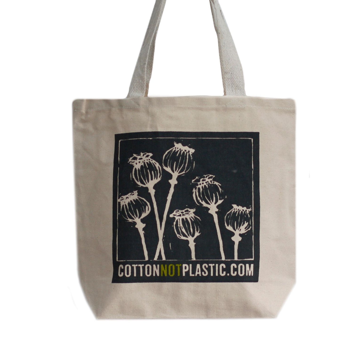 Spacious eco-friendly cotton tote bag featuring a stylish poppy head botanical print with long comfortable handles.