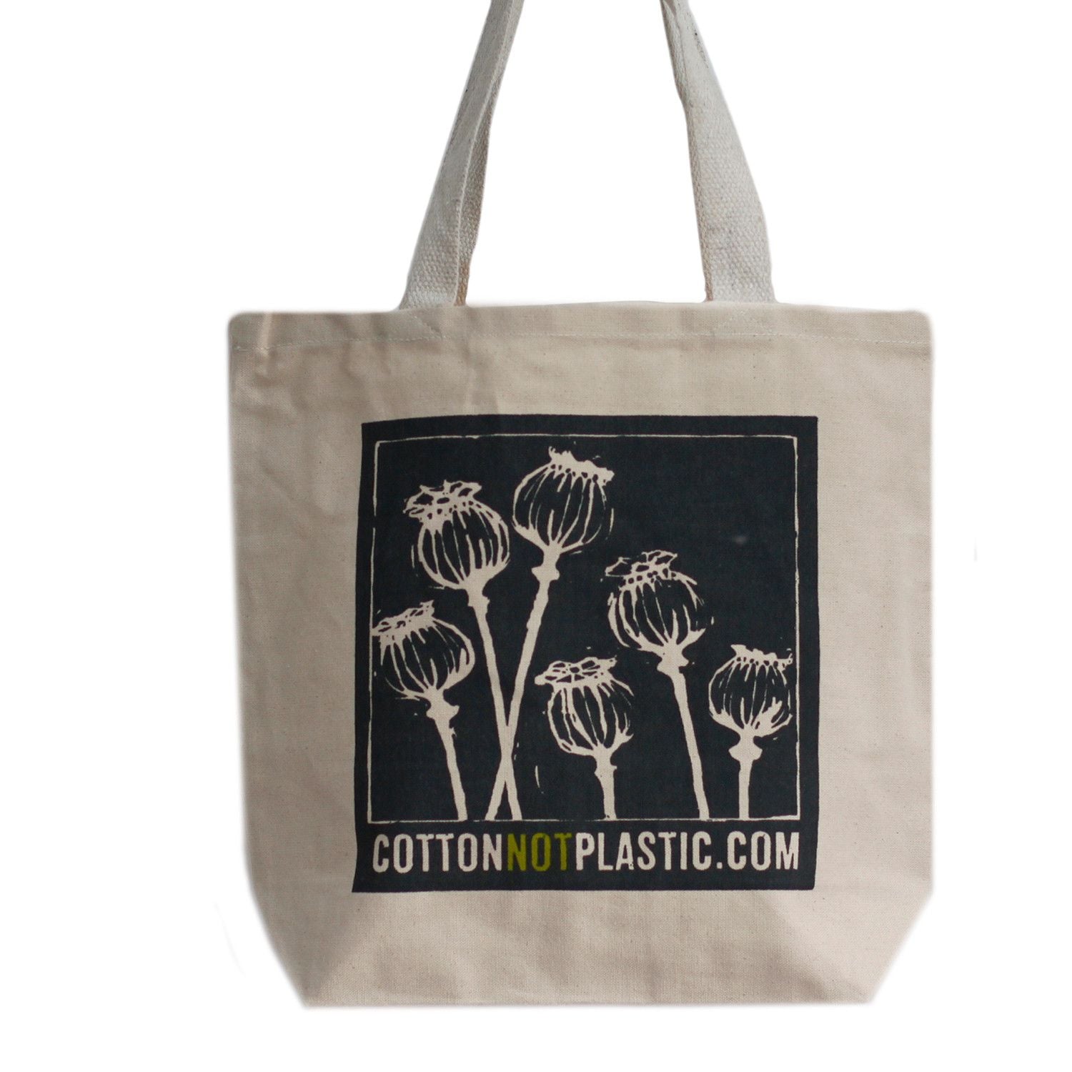 Spacious eco-friendly cotton tote bag featuring a stylish poppy head botanical print with long comfortable handles.