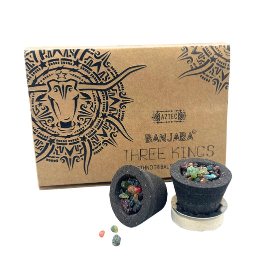 Handcrafted charcoal resin cups filled with traditional Three Kings aromatic resin blend for smudging.