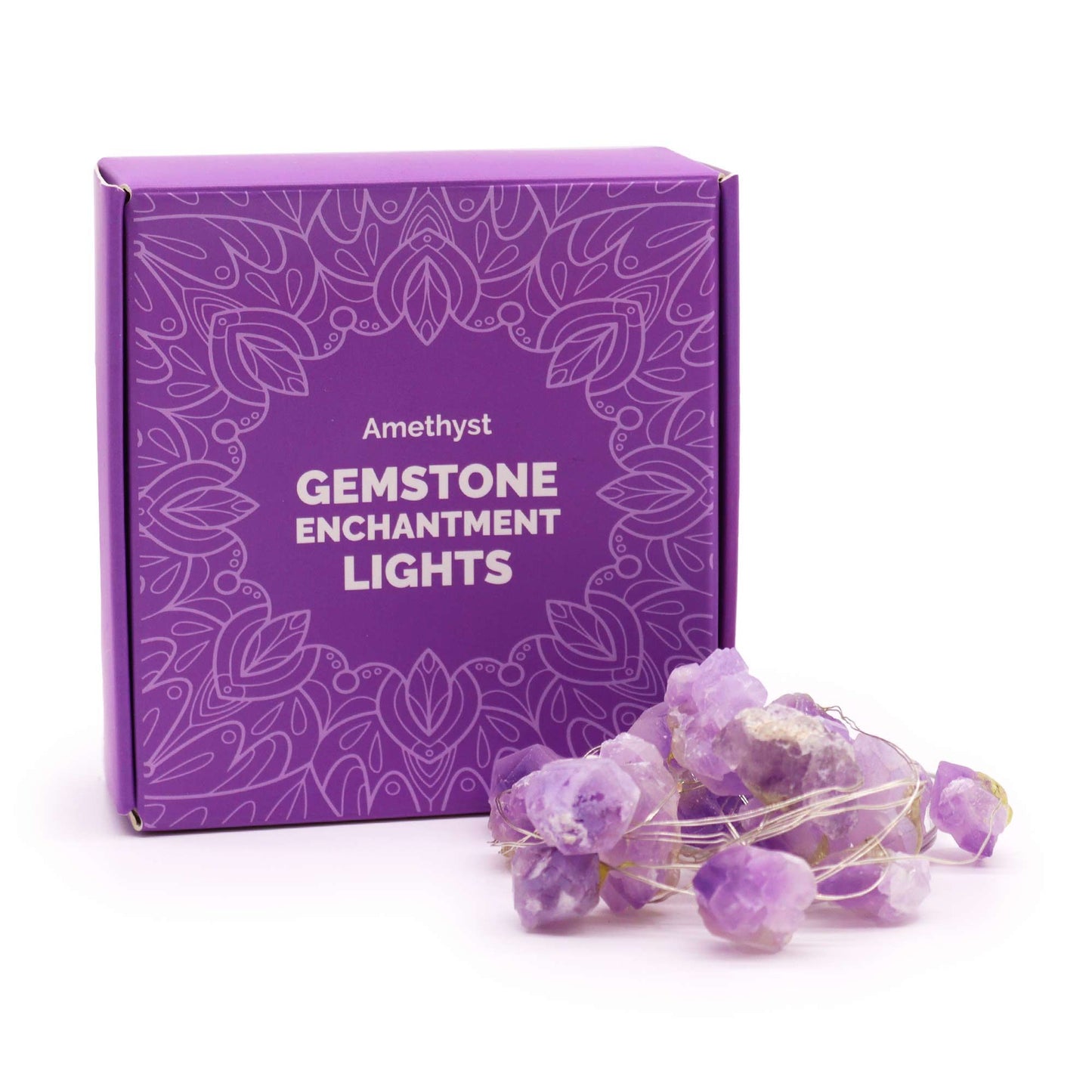 String of 20 purple amethyst crystal rocks on an LED light wire, emitting a warm and inviting glow.