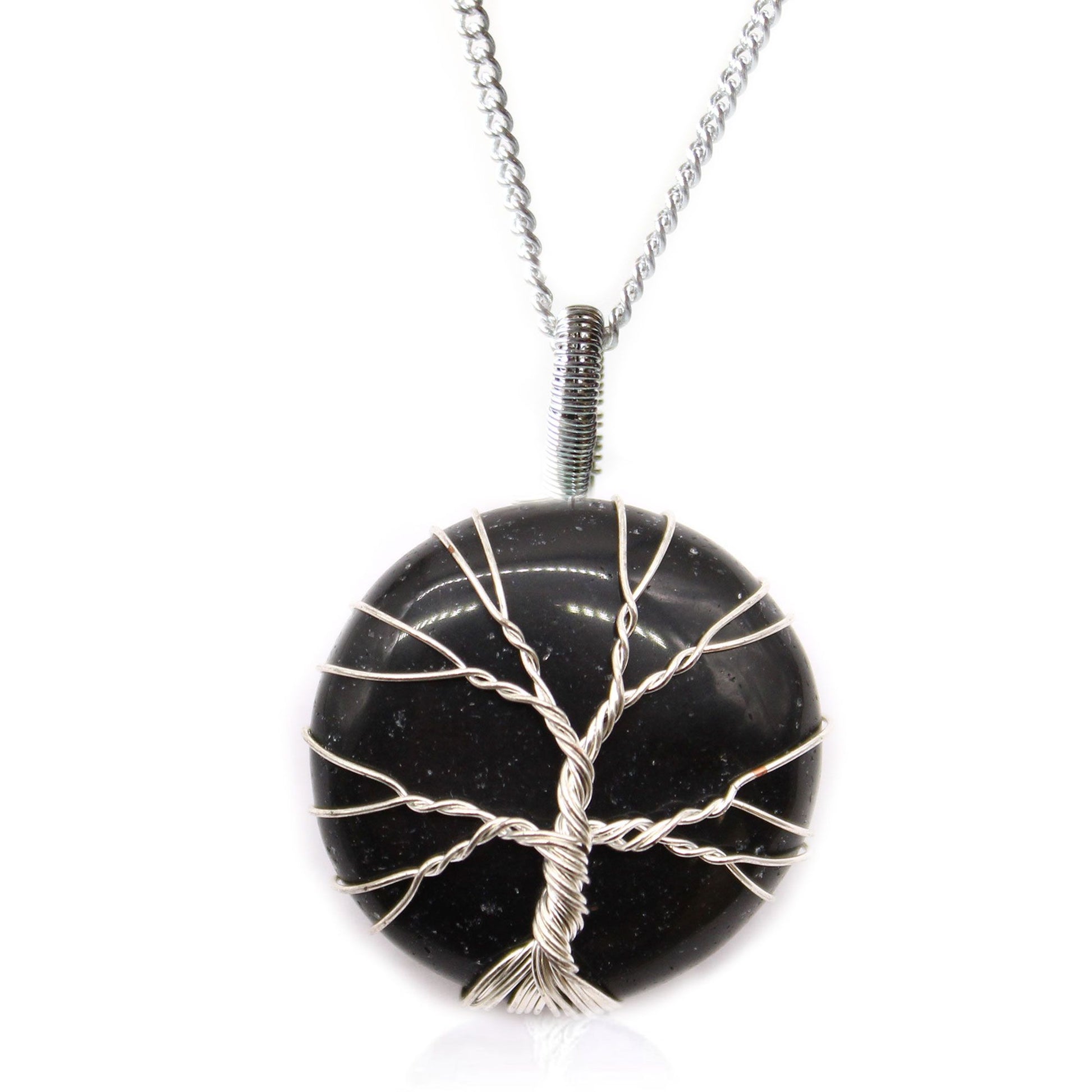 Silver-toned Tree of Life pendant featuring a smooth black onyx gemstone cabochon on a matching chain.