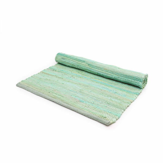 Small rectangular hand-woven cotton rug in a vibrant aqua blue colour with traditional textured weave.
