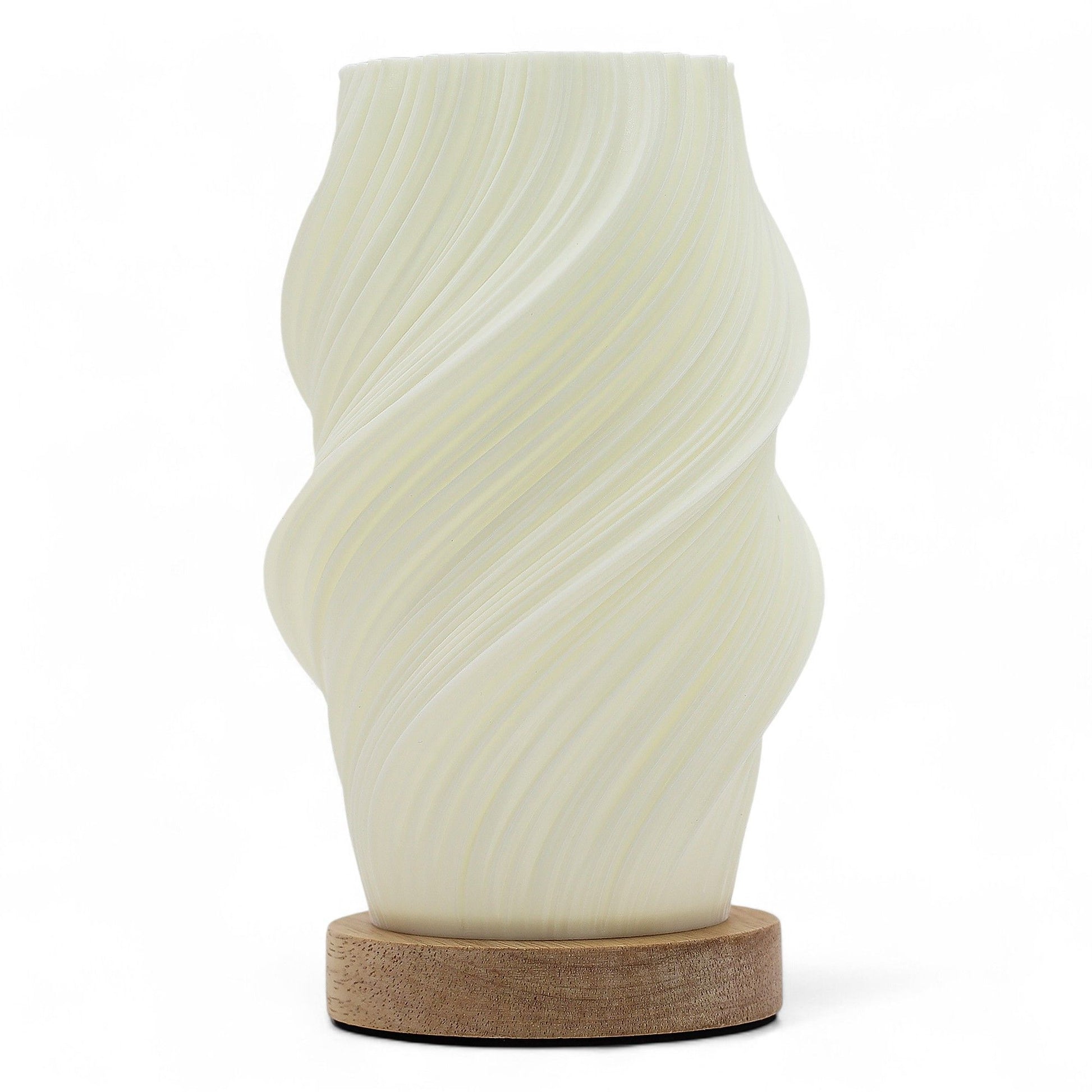 Sleek modern lamp with a fluid white spiral design resembling a twisted cloud on a minimalist base.