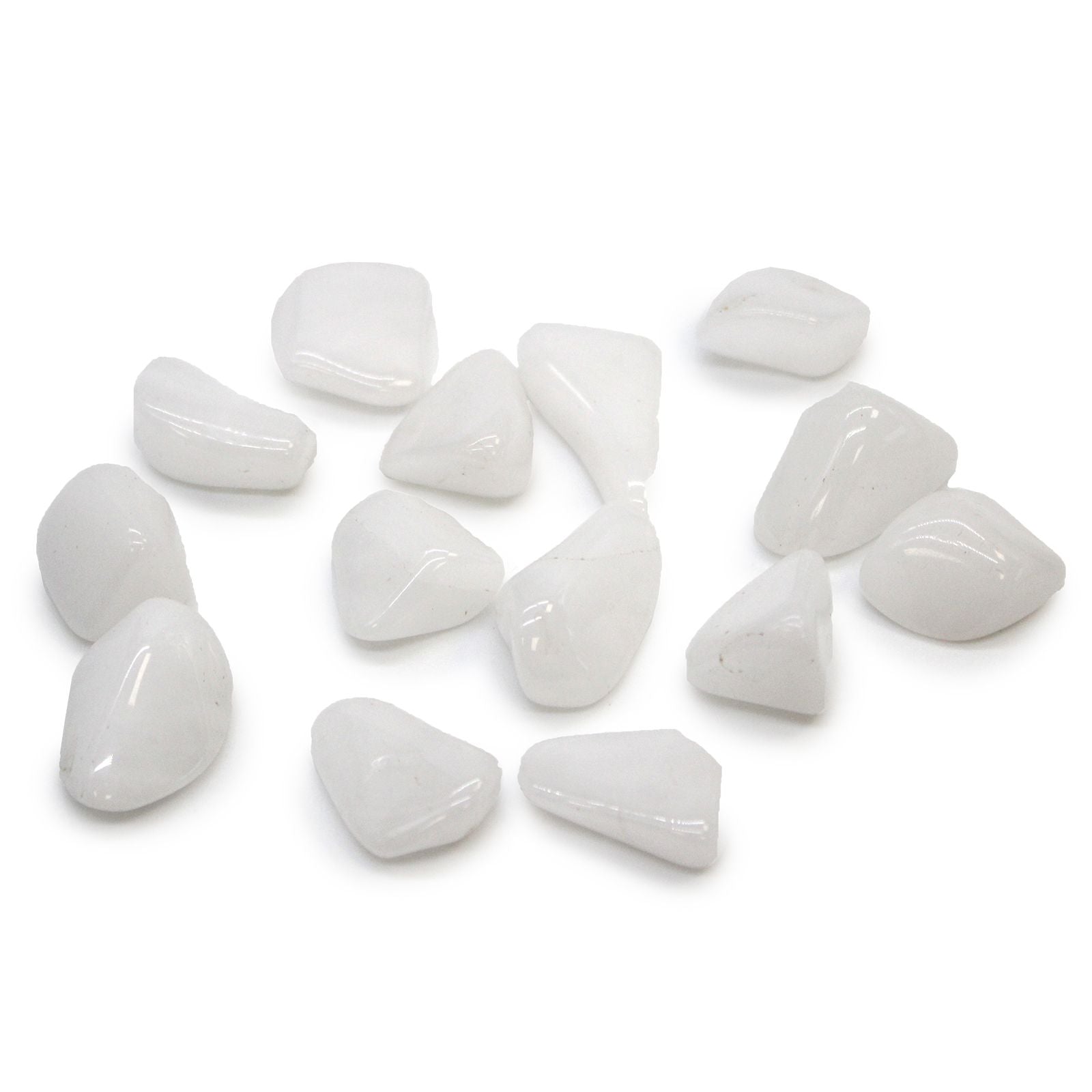 A smooth, opaque white tumbled Snow Quartz crystal stone with a polished finish.